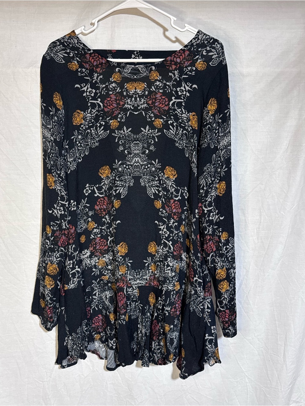 Free People Black Long-Sleeve Floral Swing Dress with Rose and Mustard Accents